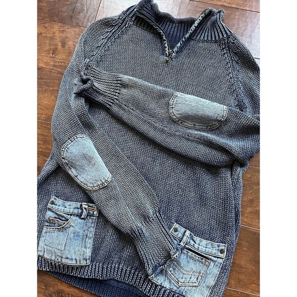 PBJ Blues Vintage Sweater 1/4 Zip Neck jean Pockets elbow Pads READ Y2K - Picture 3 of 7